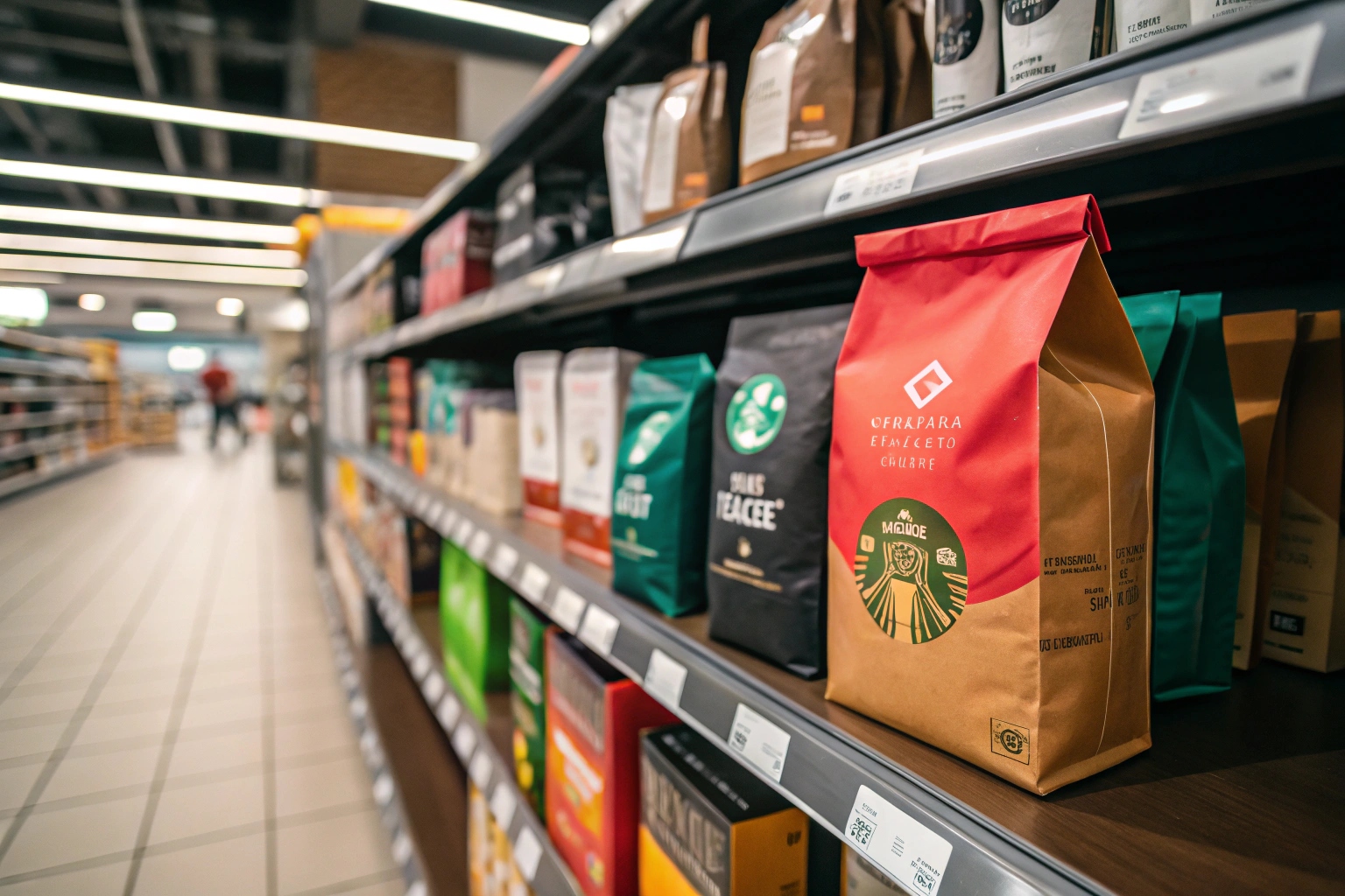Colorful coffee packaging bags neatly arranged on supermarket shelf