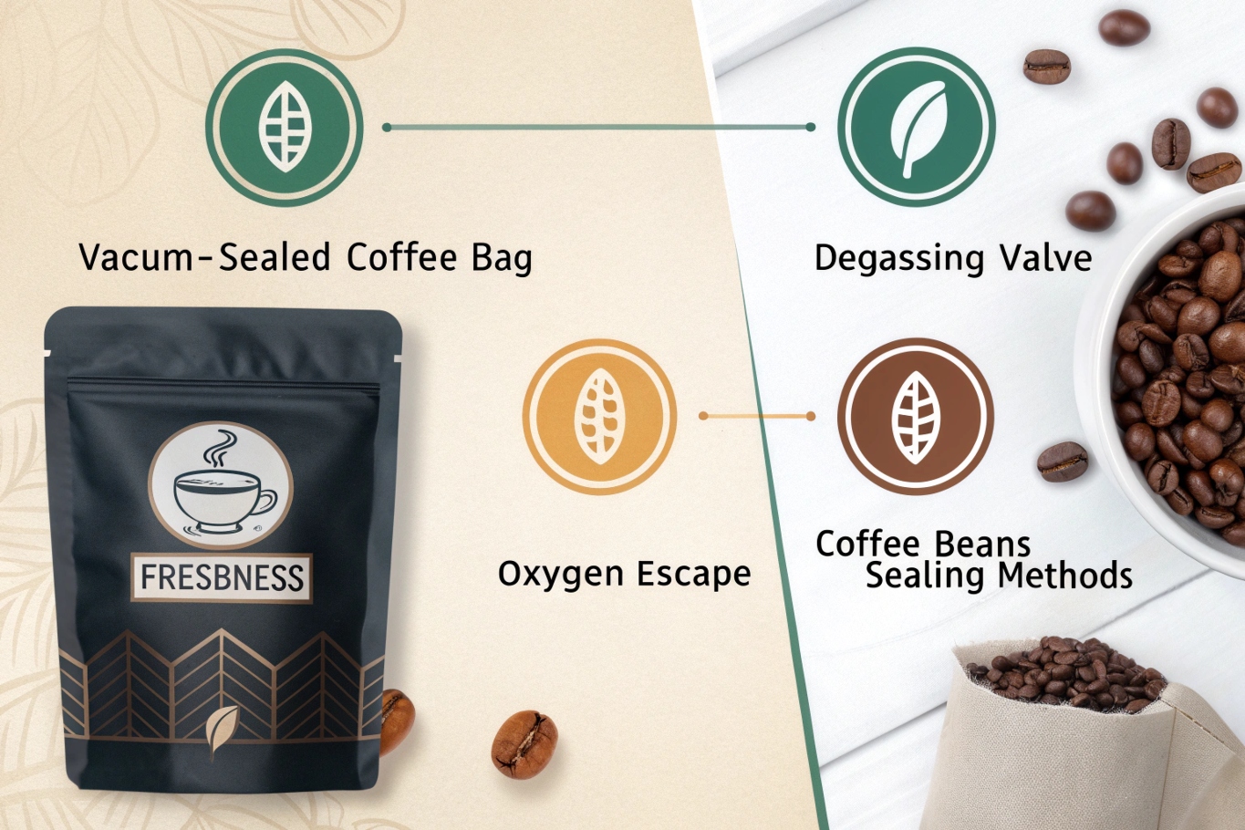 Comparison of vacuum-sealed coffee bag and degassing valve method with roasted beans and pouch visuals.