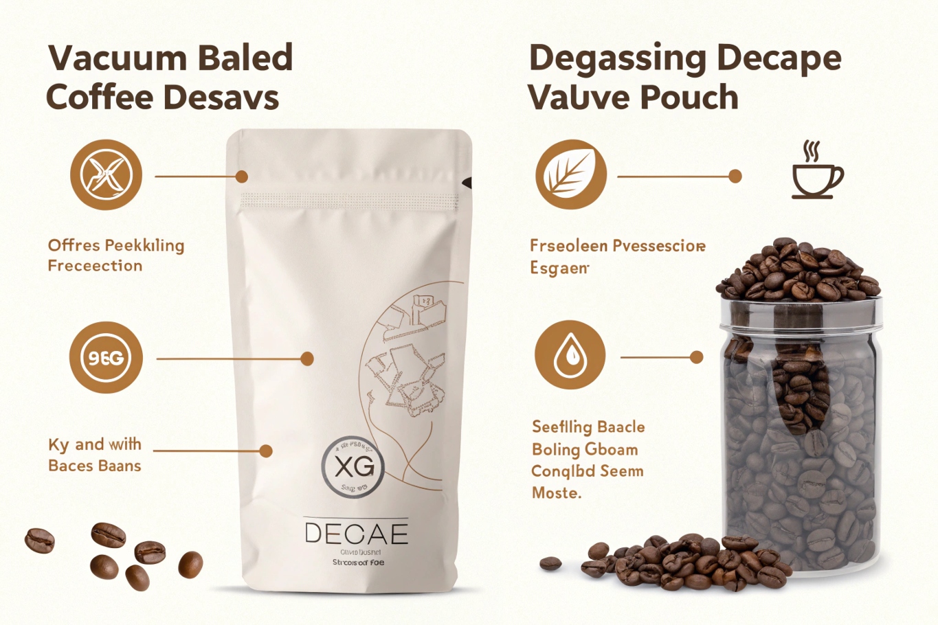 Coffee packaging comparison between vacuum-sealed pouch and degassing valve pouch with roasted beans display.