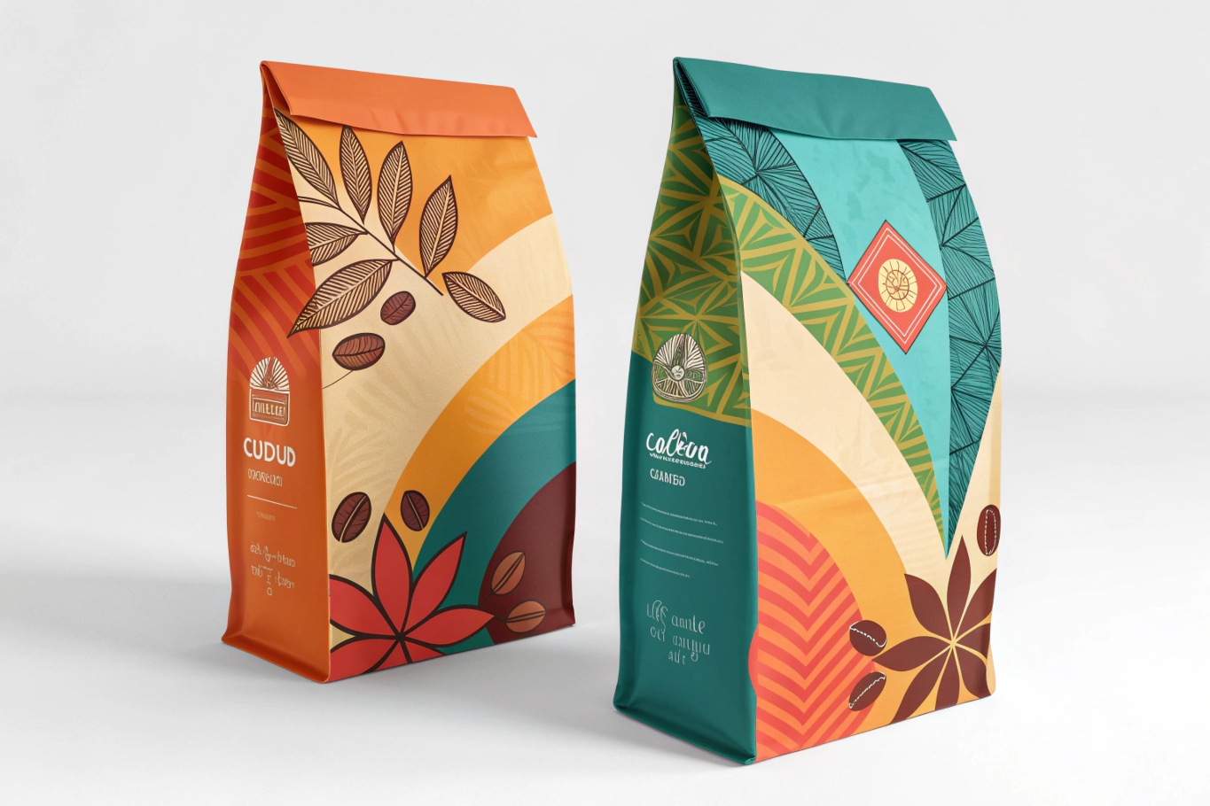 Two colorful coffee pouches with bold floral patterns, flat bottoms, and fold-over tops in orange and teal tones.