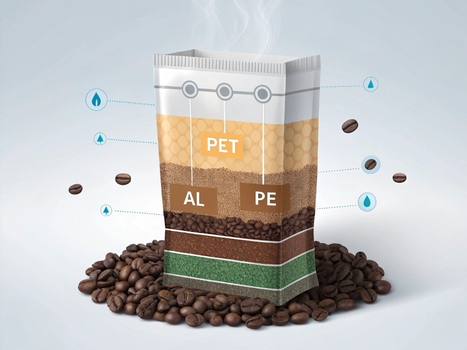 Cross-section of coffee pouch showing PET, AL, and PE layers with coffee beans inside.