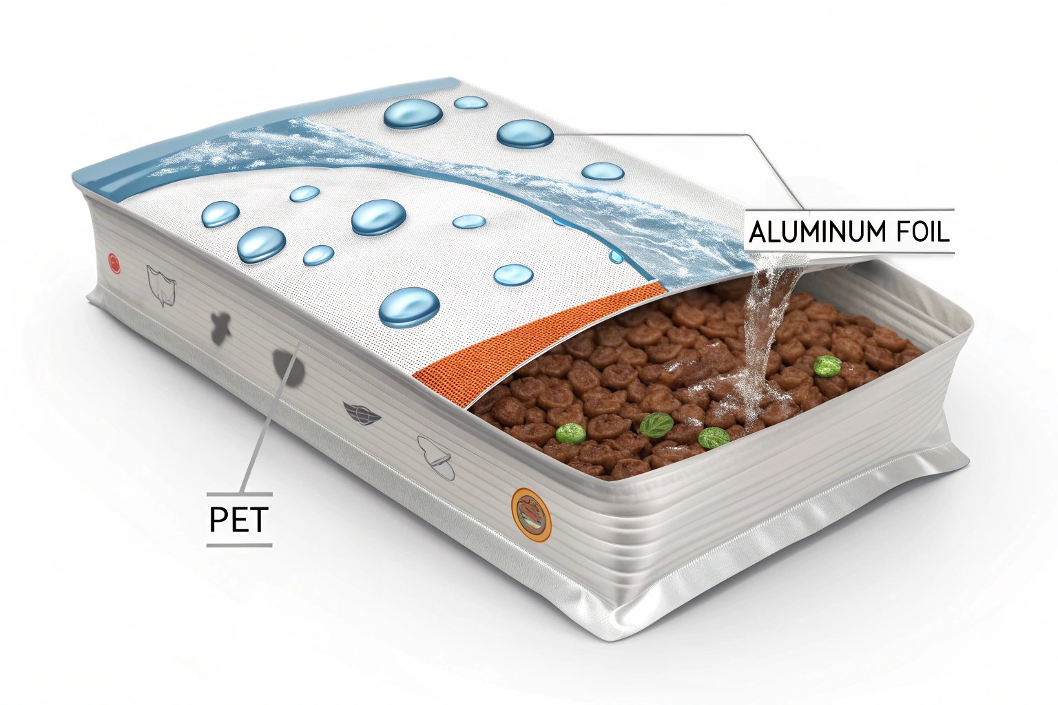 Cross-section of multilayer pet food pouch showing PET and aluminum foil with water resistance.