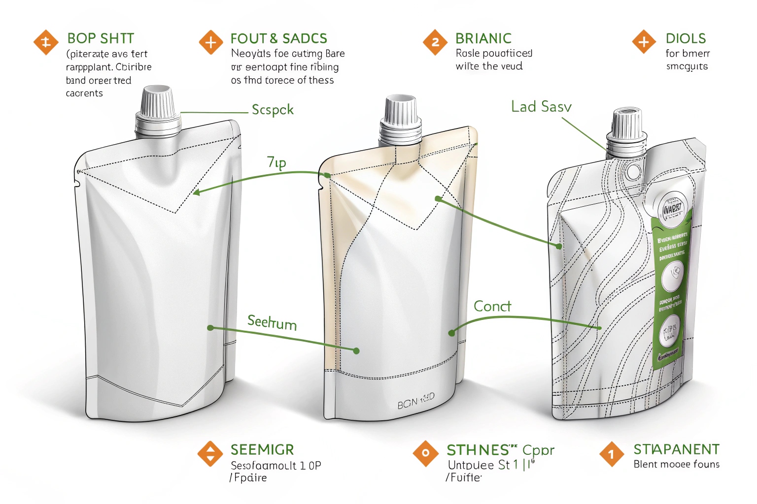 Three spout pouches with labeled design features and placeholder text annotations.