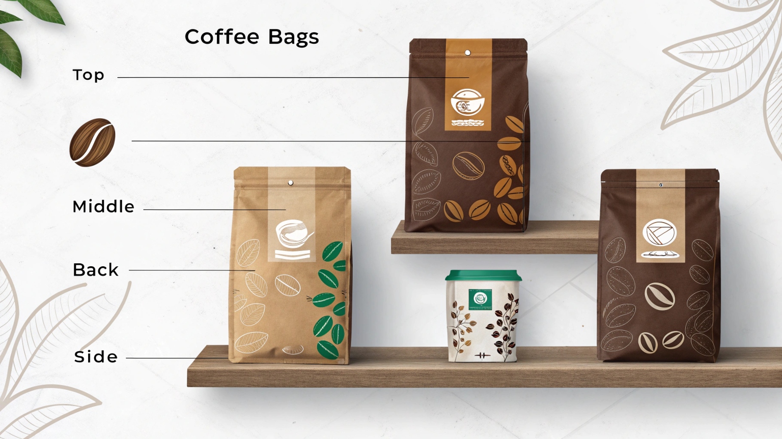 Various coffee packaging bags displayed with label positions marked