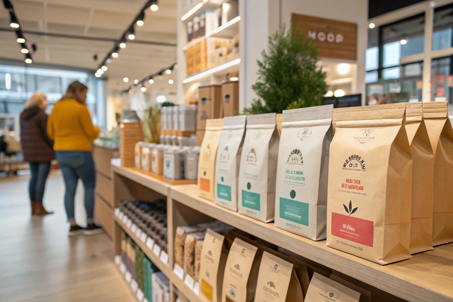 Kraft paper stand-up pouches with custom labels displayed on retail shelf in modern store.