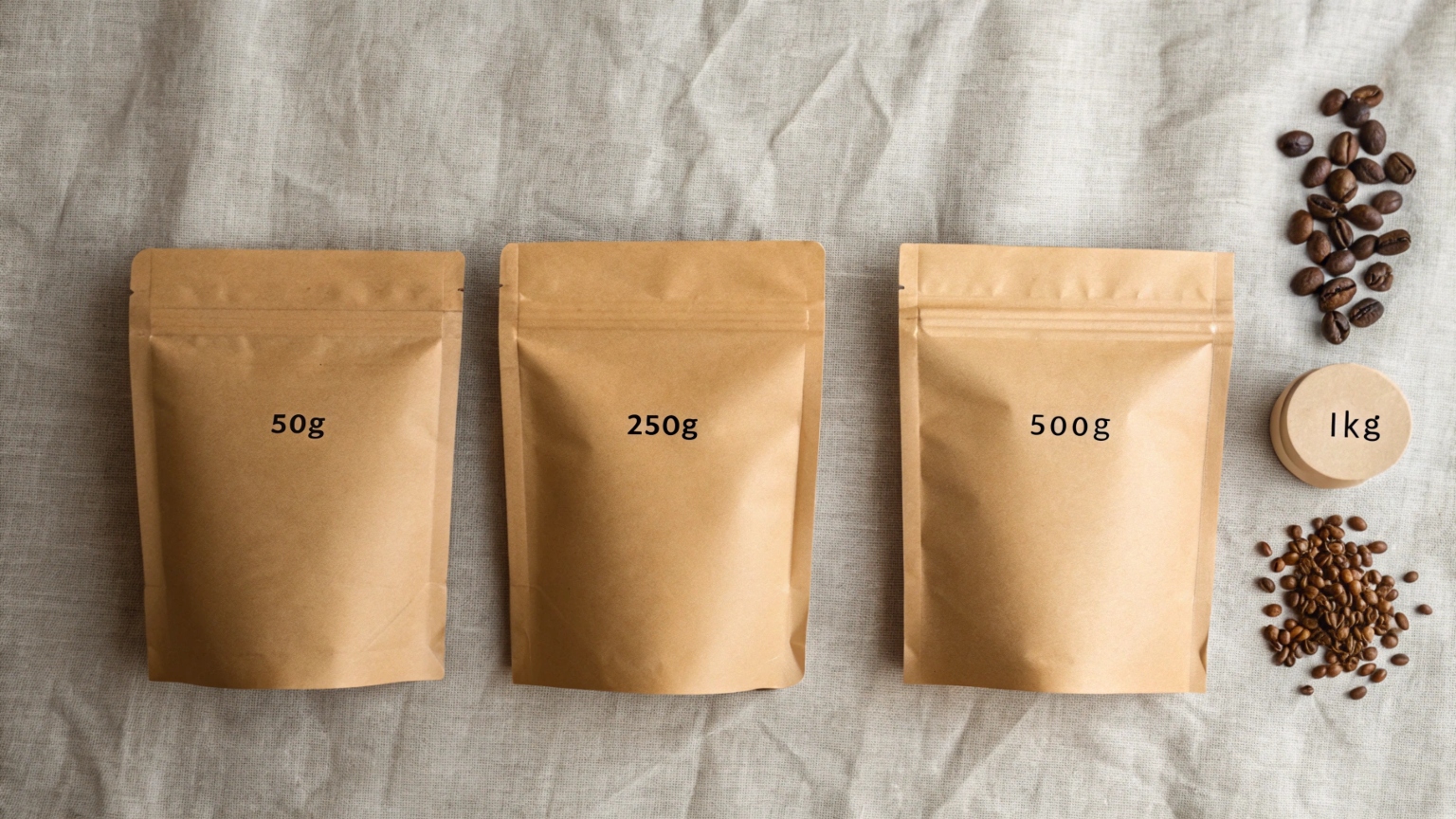 Kraft stand-up pouches in 50g, 250g, 500g sizes with coffee beans on fabric background.
