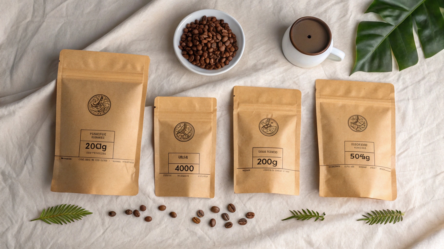 Kraft stand-up pouches in 50g, 250g, 500g sizes with coffee beans on fabric background.
