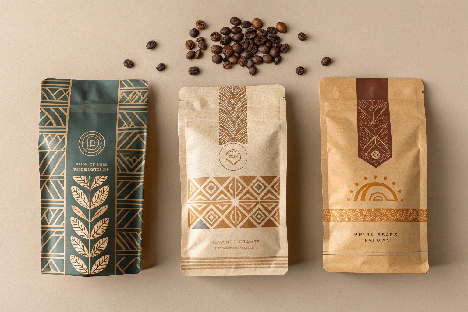 Three artisanal coffee pouches with geometric designs and coffee beans on beige background