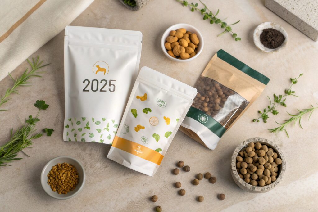 Variety of modern pet food pouches with natural ingredients and kibble on beige background.