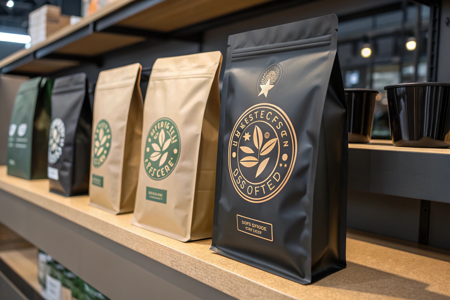 Various coffee packaging bags displayed on retail shelf in modern store.