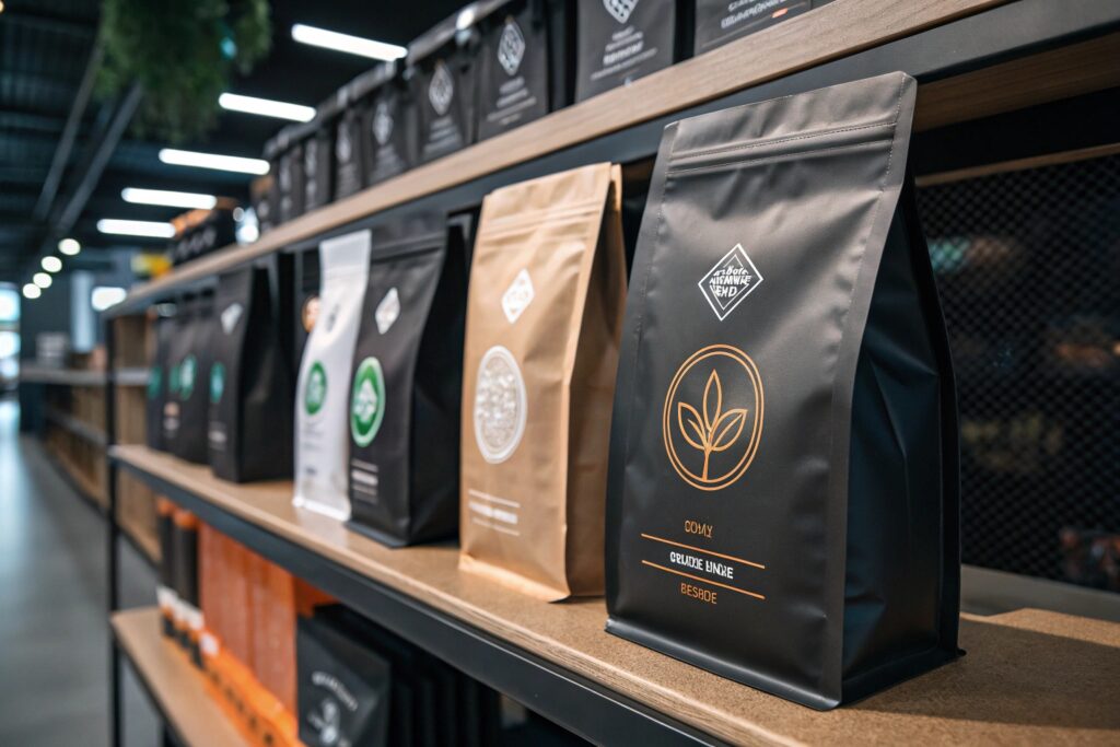 Various coffee packaging bags displayed on retail shelf in modern store.