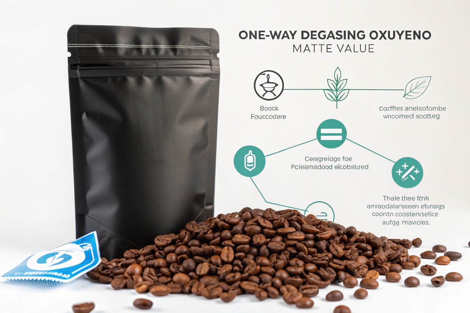 Black matte stand-up pouch with coffee beans and infographic about one-way degassing valve for packaging.