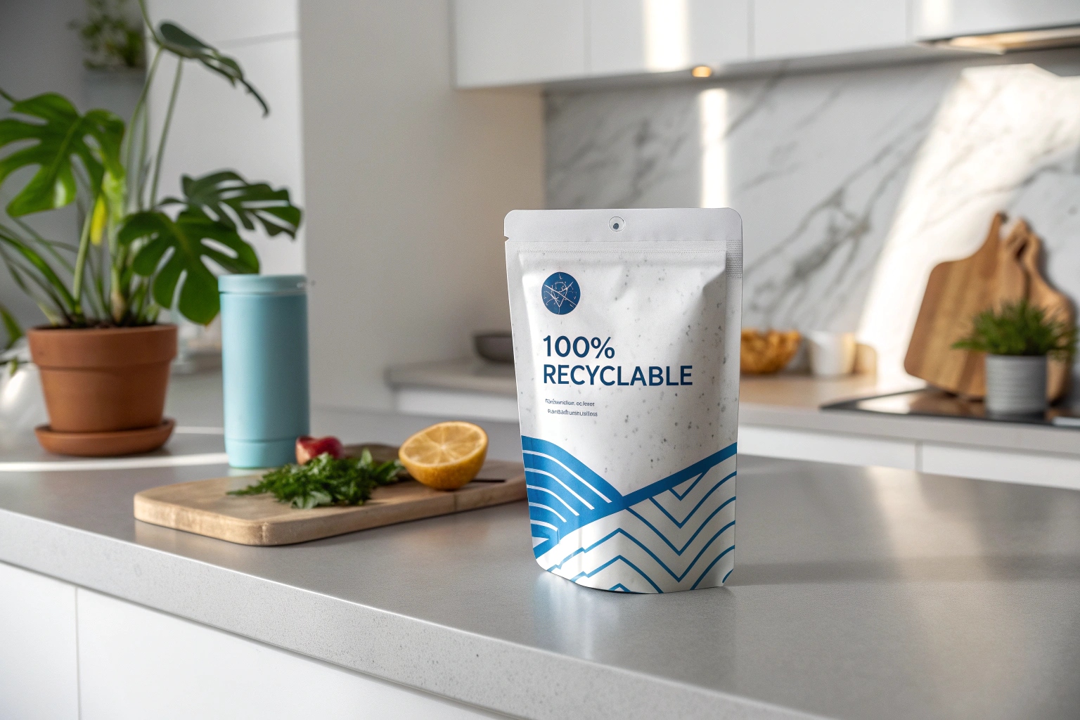 White stand-up pouch with blue graphics labeled “100% Recyclable” on modern kitchen counter.