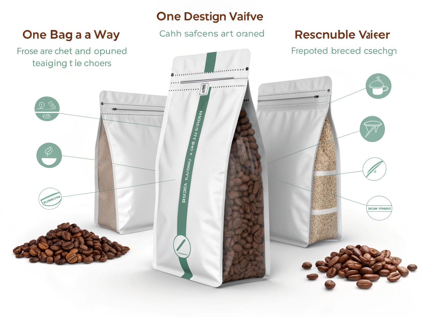 Three standing coffee packaging bags with features highlighted for design and sealing.
