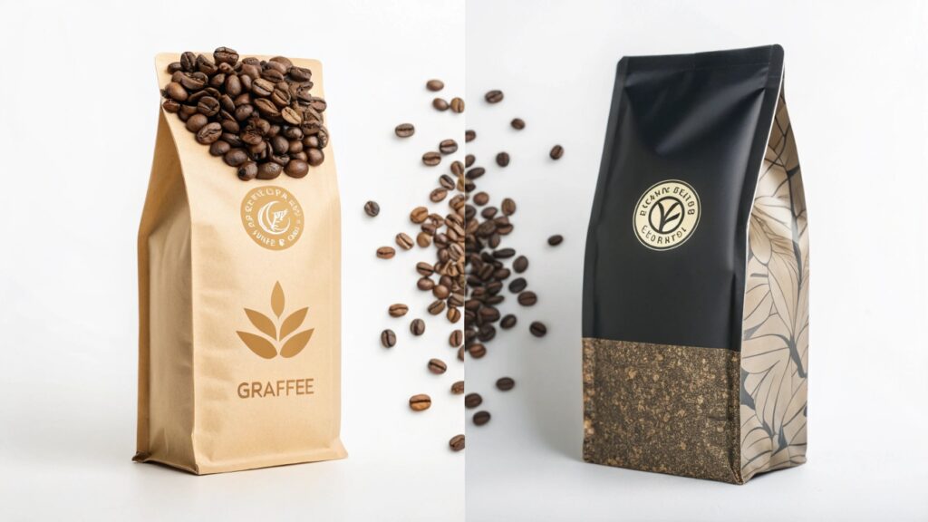 Two types of coffee packaging bags with beans, kraft and matte black designs.