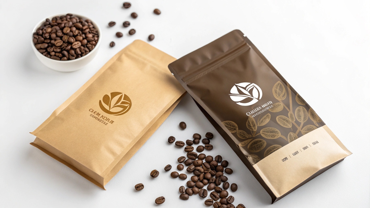 Two coffee packaging pouches with beans, one kraft and one brown with golden leaves.