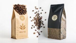 Two types of coffee packaging bags with beans, kraft and matte black designs.
