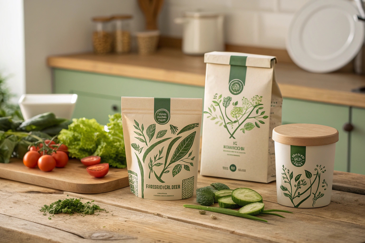 Eco-friendly paper packaging with green herb illustrations on rustic kitchen table with fresh vegetables.