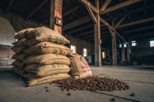 Burlap sacks of coffee beans stacked in a rustic warehouse with loose beans spilled on the floor.