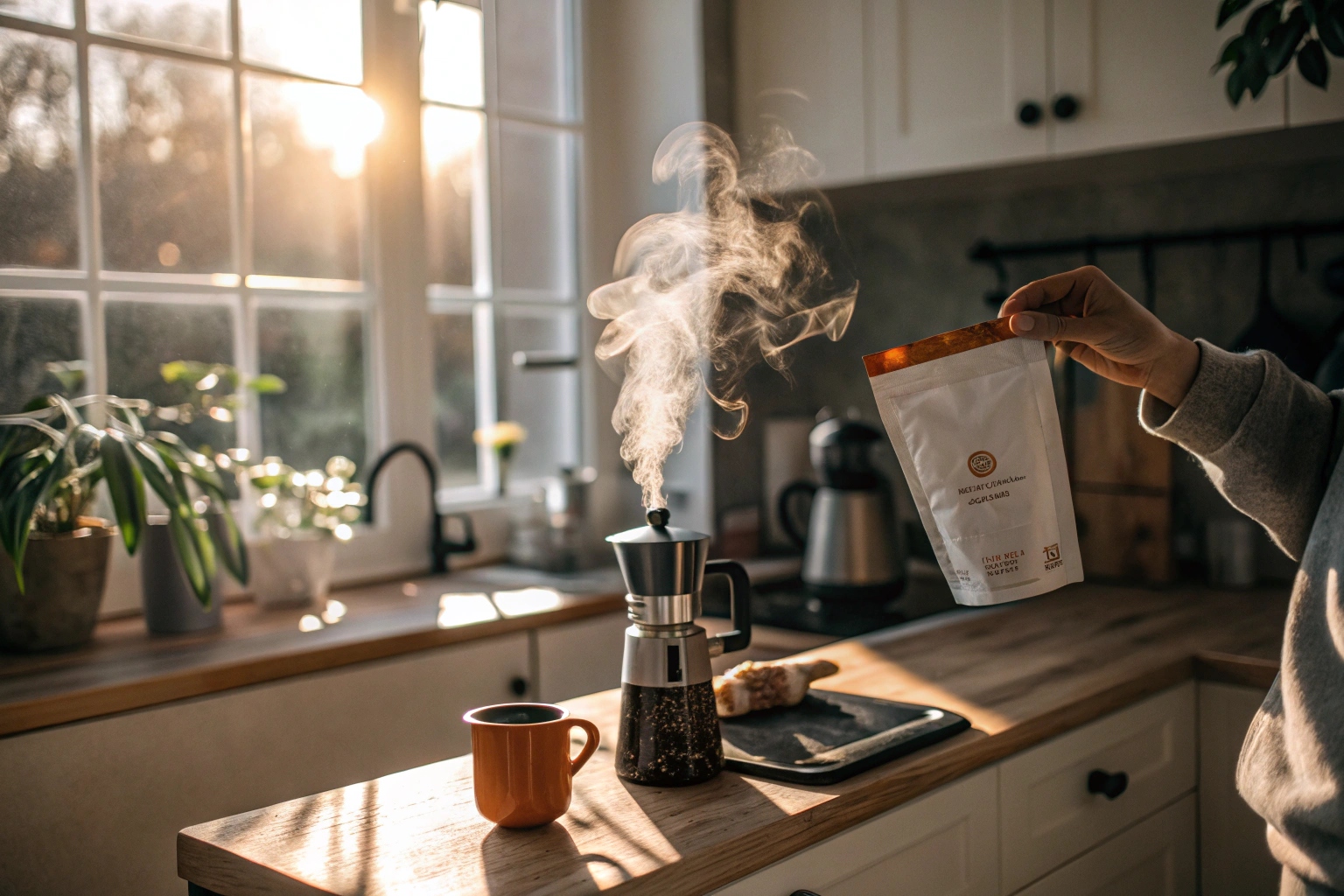 Hand holding white coffee pouch beside steaming moka pot and mug
