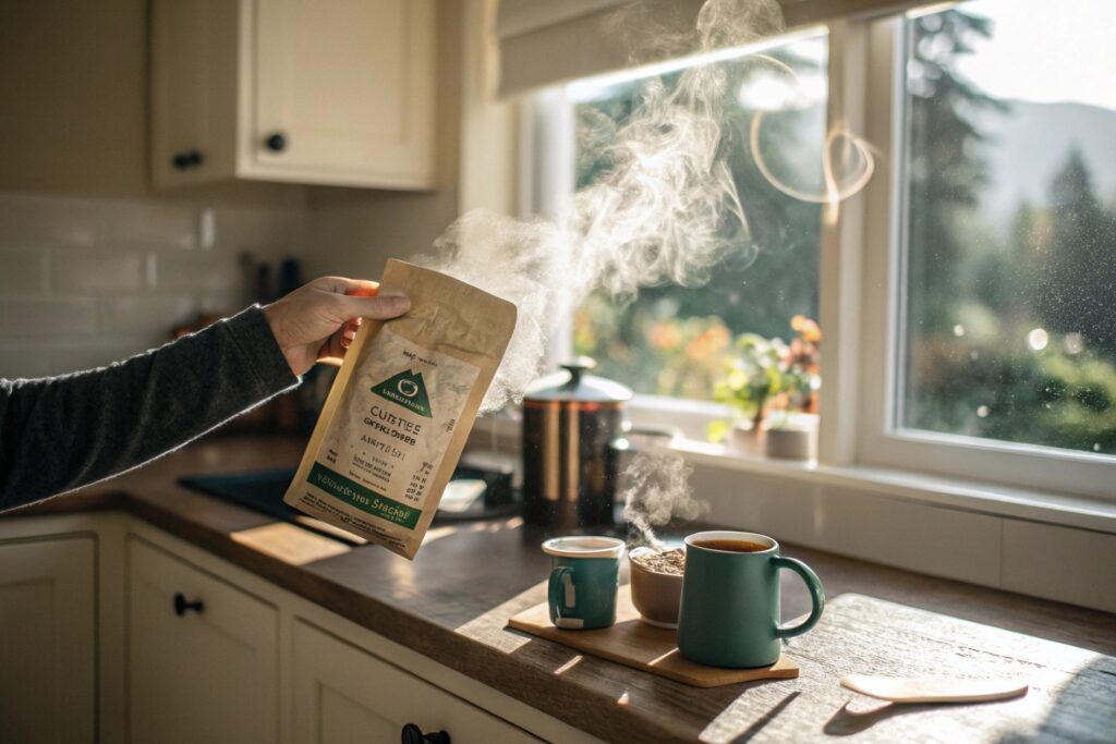 Hand holding coffee pouch in cozy morning kitchen with steaming cups