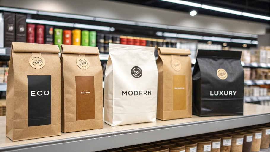 Five coffee packaging bags with different styles labeled Eco, Food, Modern, Artisan, and Luxury on store shelf.