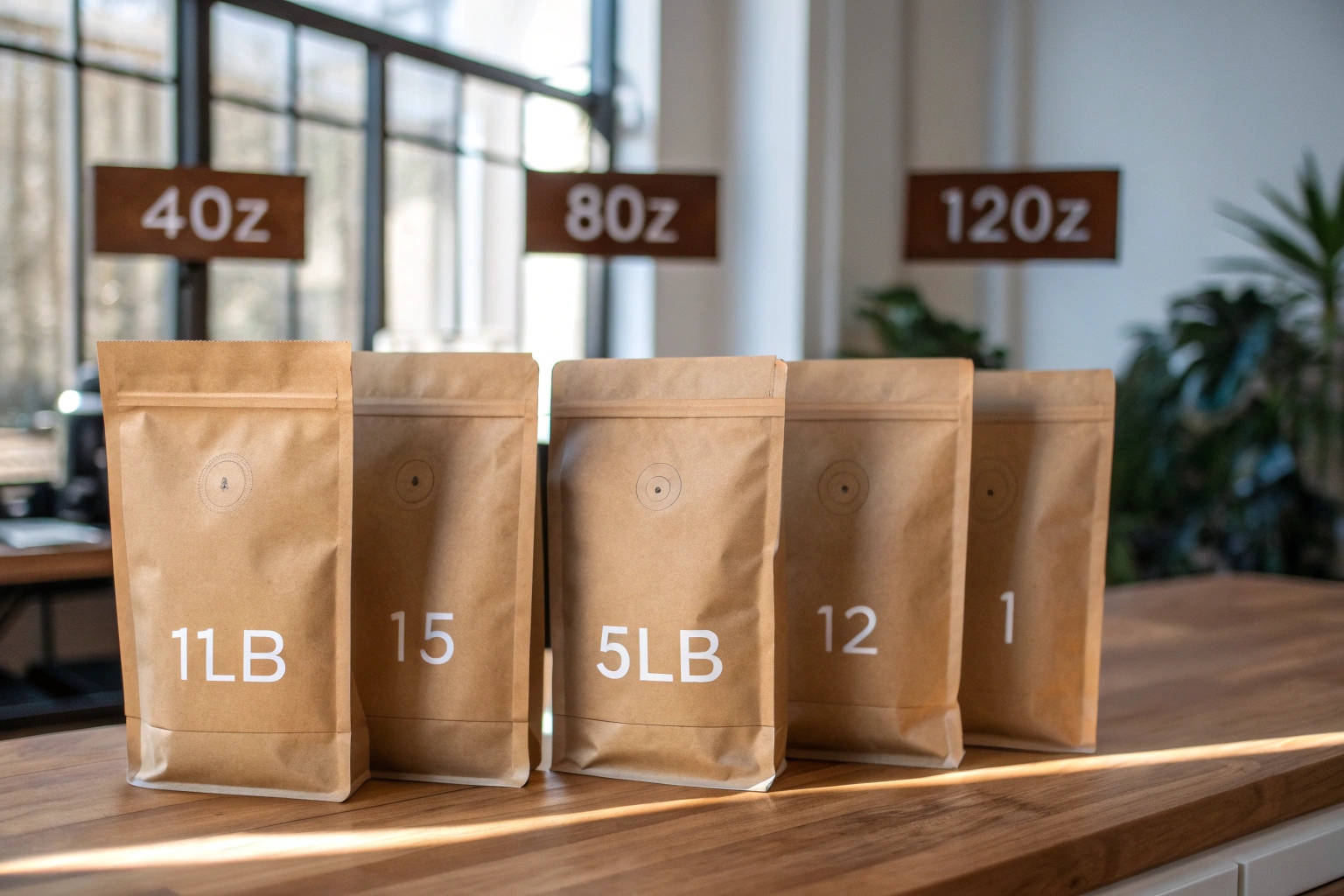 Five kraft paper coffee pouches in various sizes labeled 1LB, 15, 5LB, 12, and 1, displayed on wooden counter with ounce signs in background.