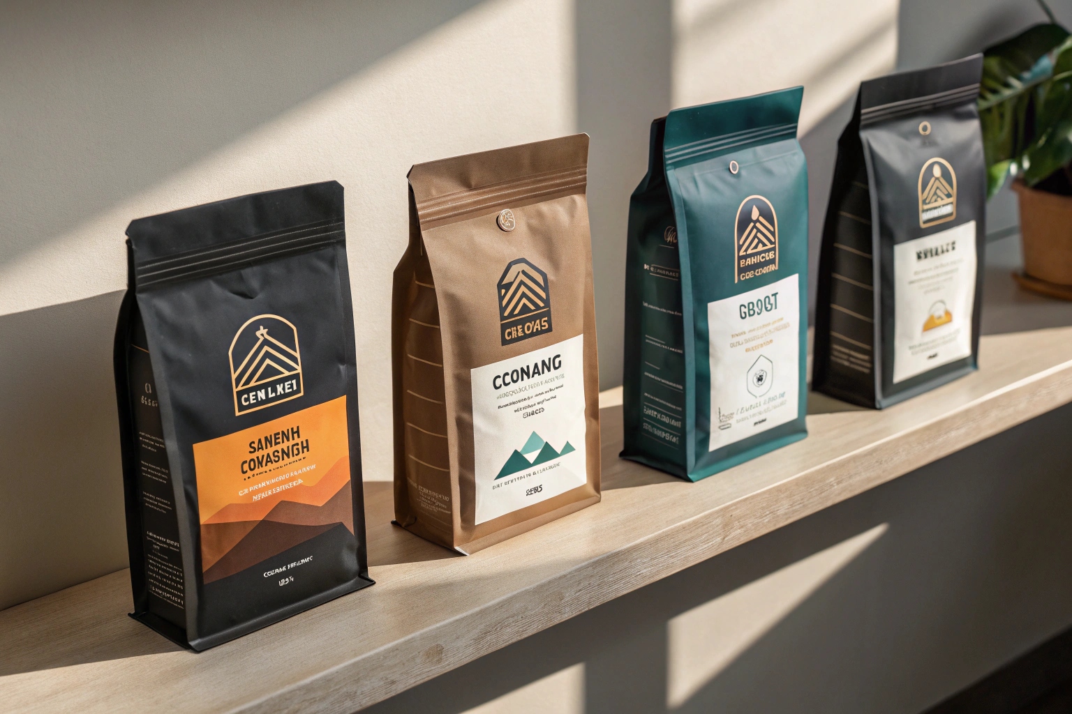 Four colorful custom-printed coffee pouches lined up on a wooden shelf under natural sunlight.