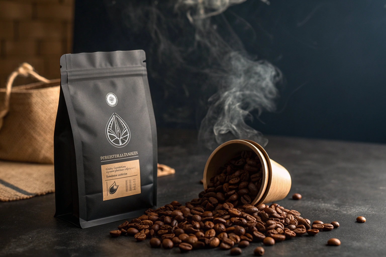 Black coffee pouch beside steaming cup spilling roasted coffee beans