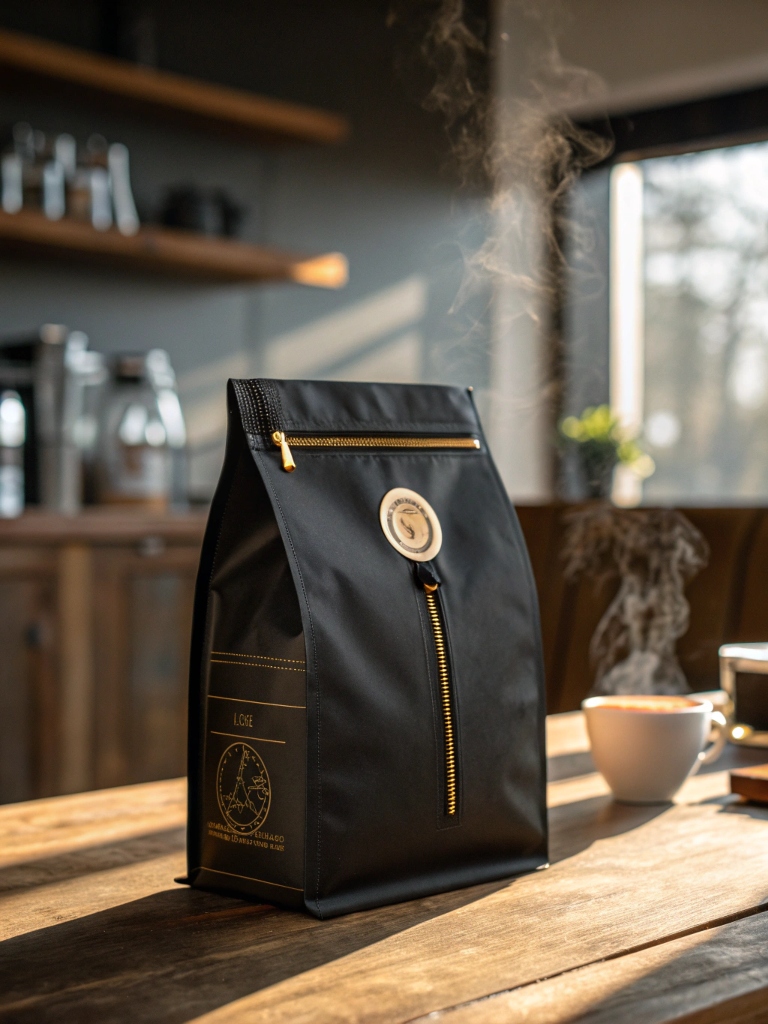 Stylish black coffee bag with zipper on rustic wooden table beside steaming cup