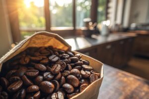 Fresh roasted coffee beans in paper bag with sunlight in cozy kitchen.