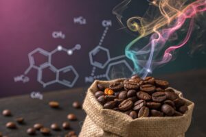 Steaming roasted coffee beans in burlap sack with colorful aroma and chemical formulas background.