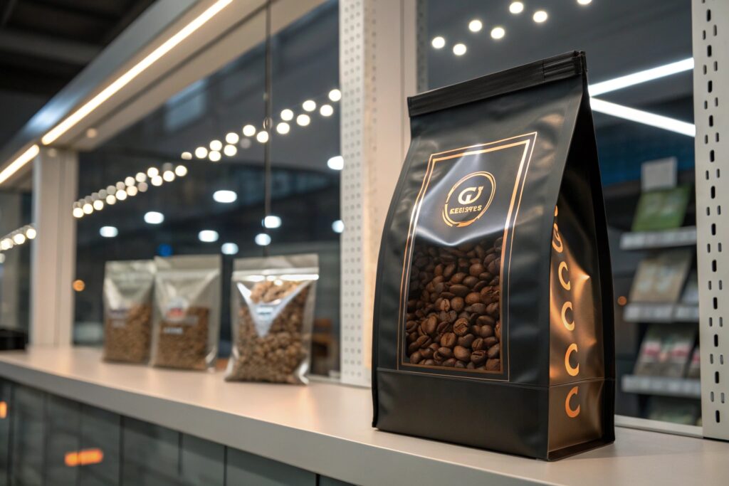 Matte black coffee bean pouch with clear window on retail display shelf