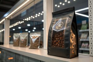 Matte black coffee bean pouch with clear window on retail display shelf