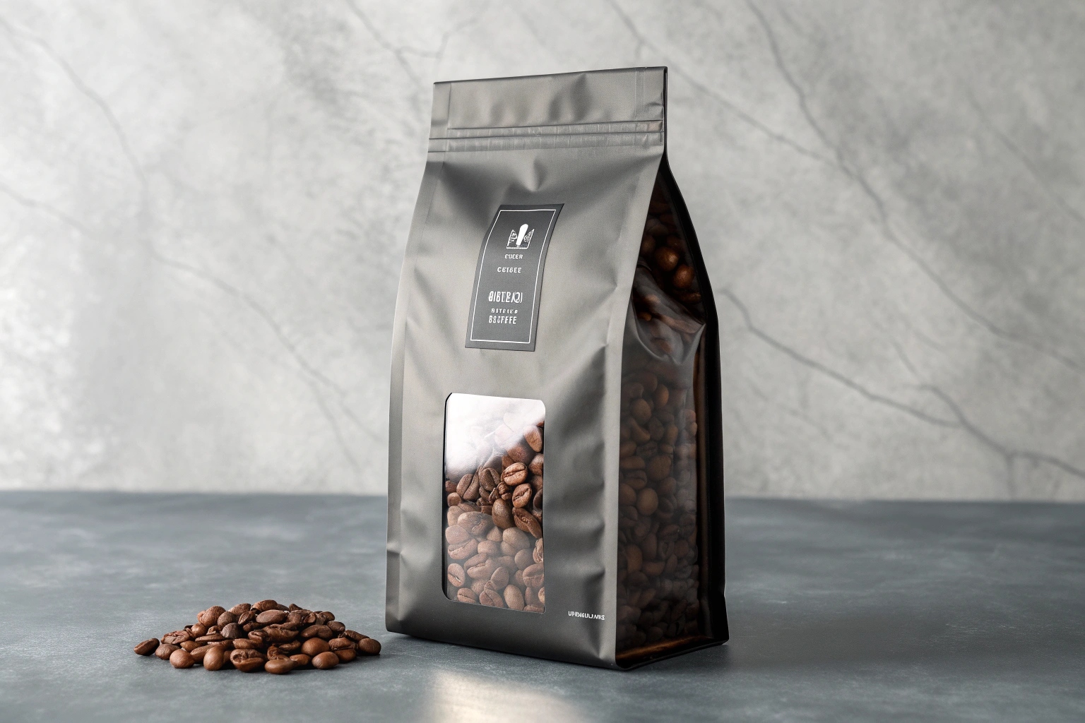 Matte black coffee bag with clear window showing beans and gray background.