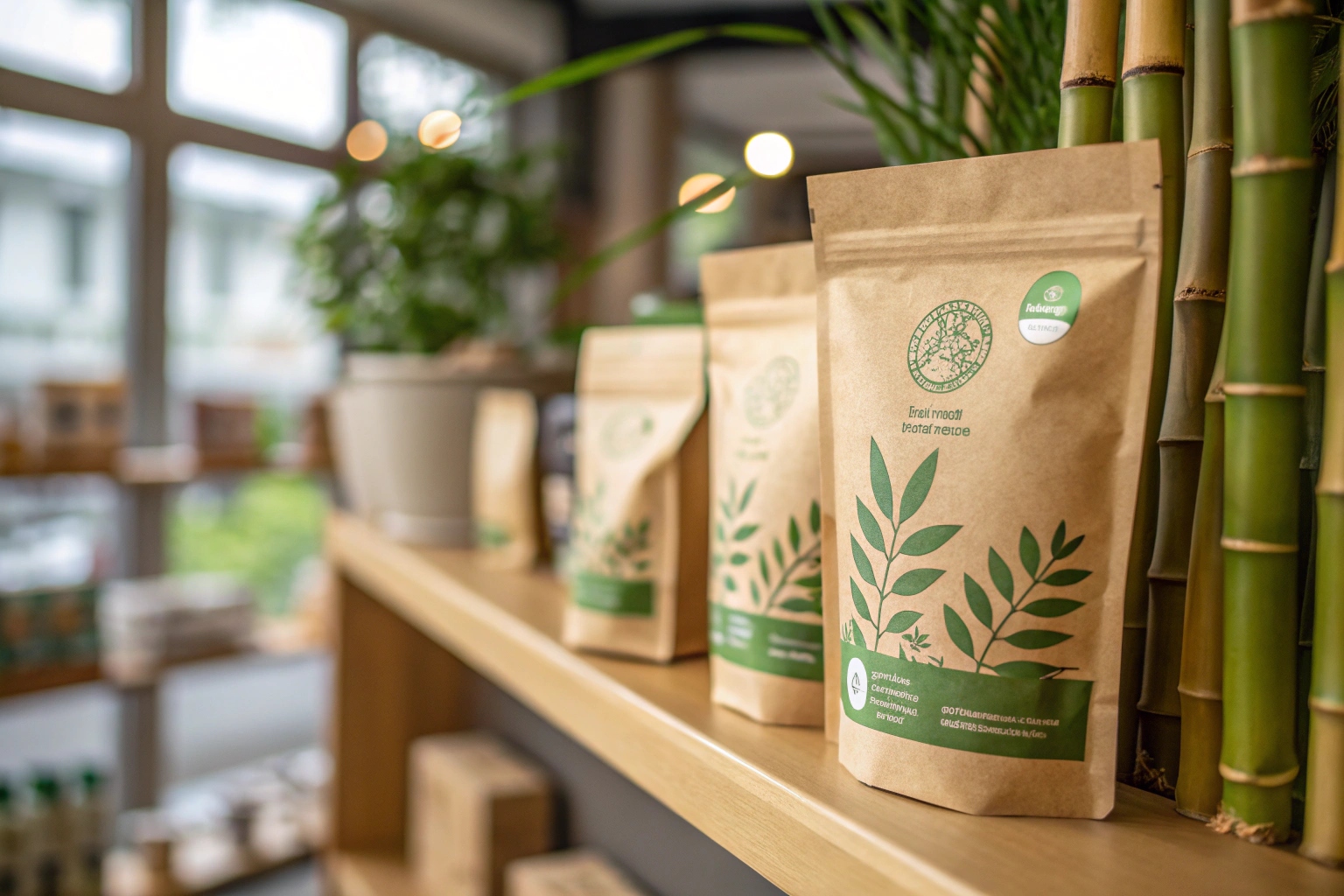 Kraft stand-up pouches with green leaf design on wooden shelf near bamboo in eco store.