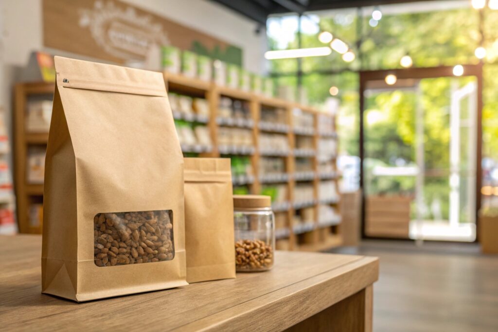 Kraft paper stand-up pouches and jar filled with nuts on wooden counter in natural food store.