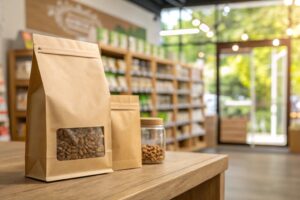 Kraft paper stand-up pouches and jar filled with nuts on wooden counter in natural food store.