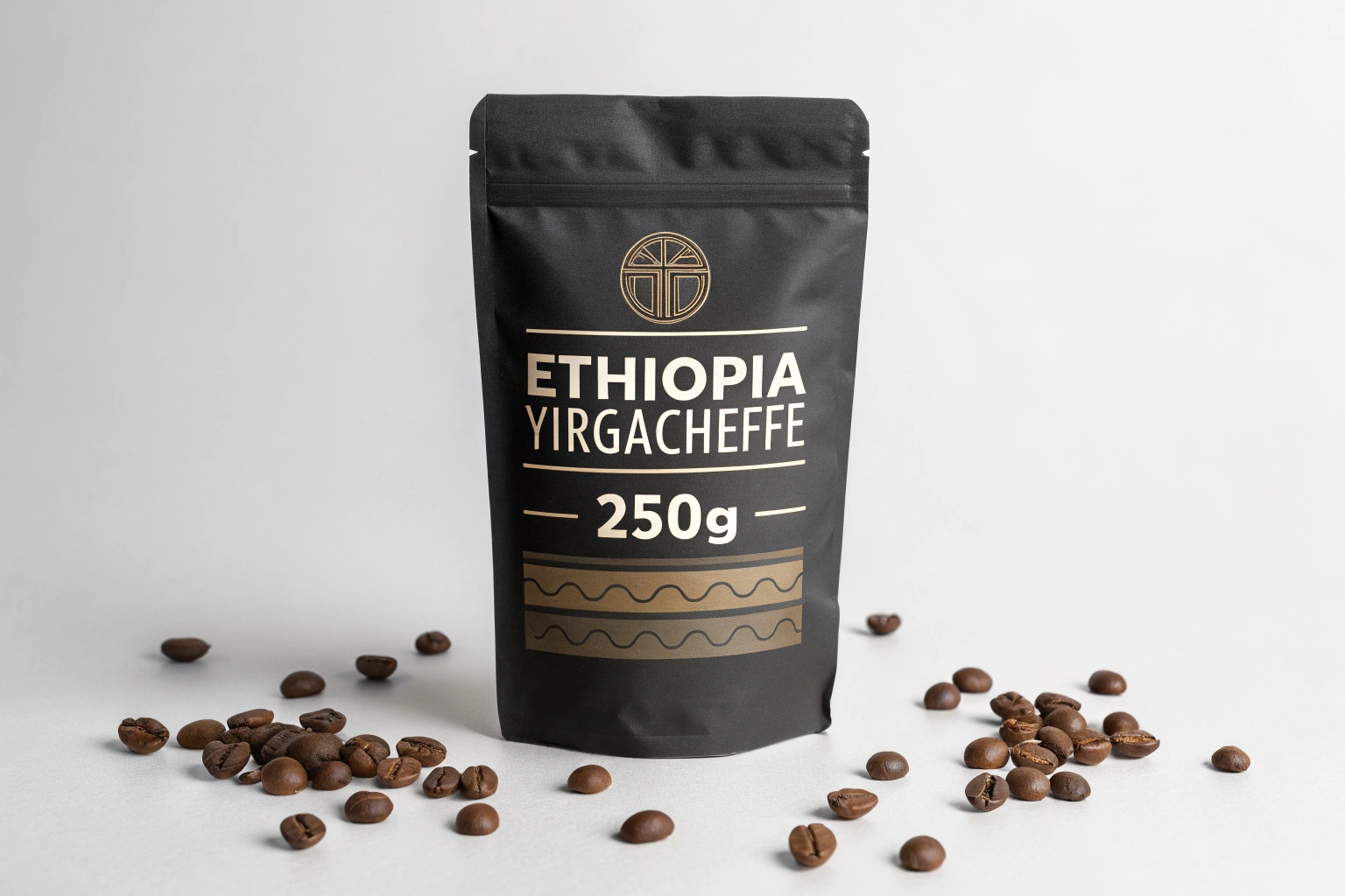 Black stand-up pouch labeled Ethiopia Yirgacheffe 250g with scattered coffee beans.