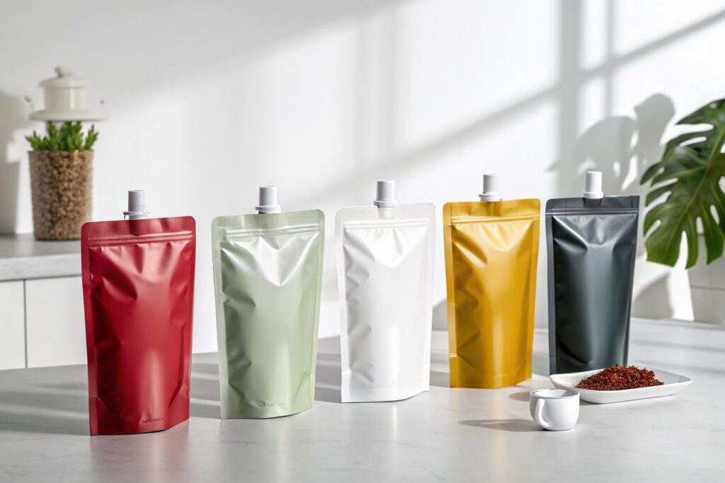 Colorful spout pouches for liquid packaging on white kitchen counter.