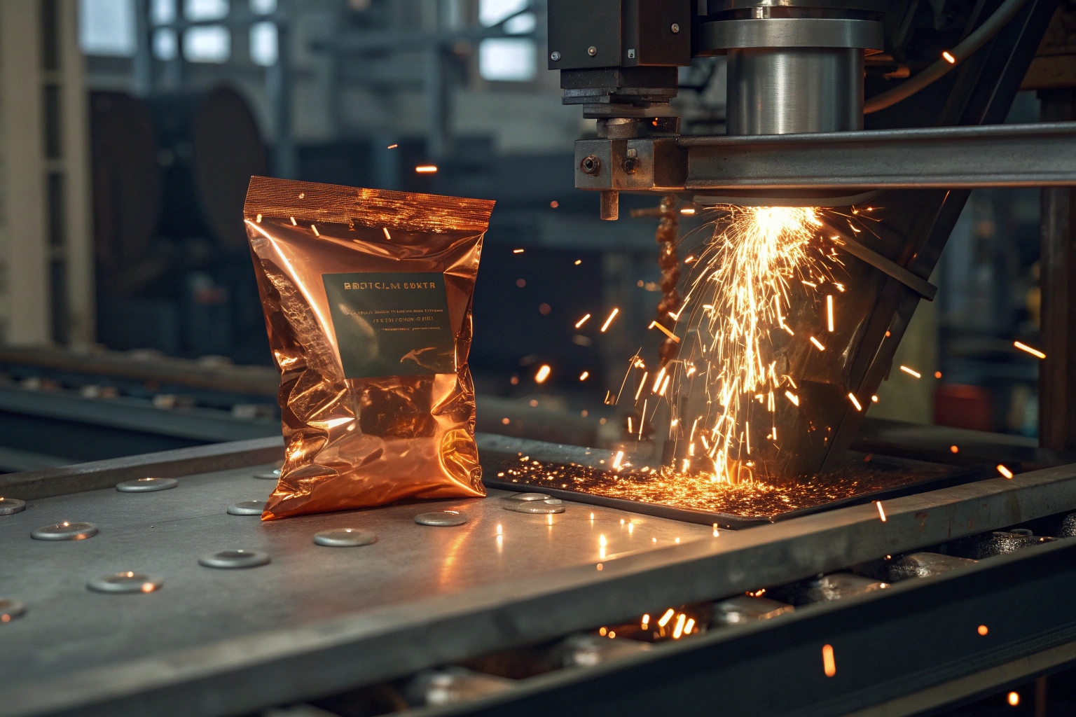 Shiny metallic coffee bag on industrial conveyor near welding sparks.