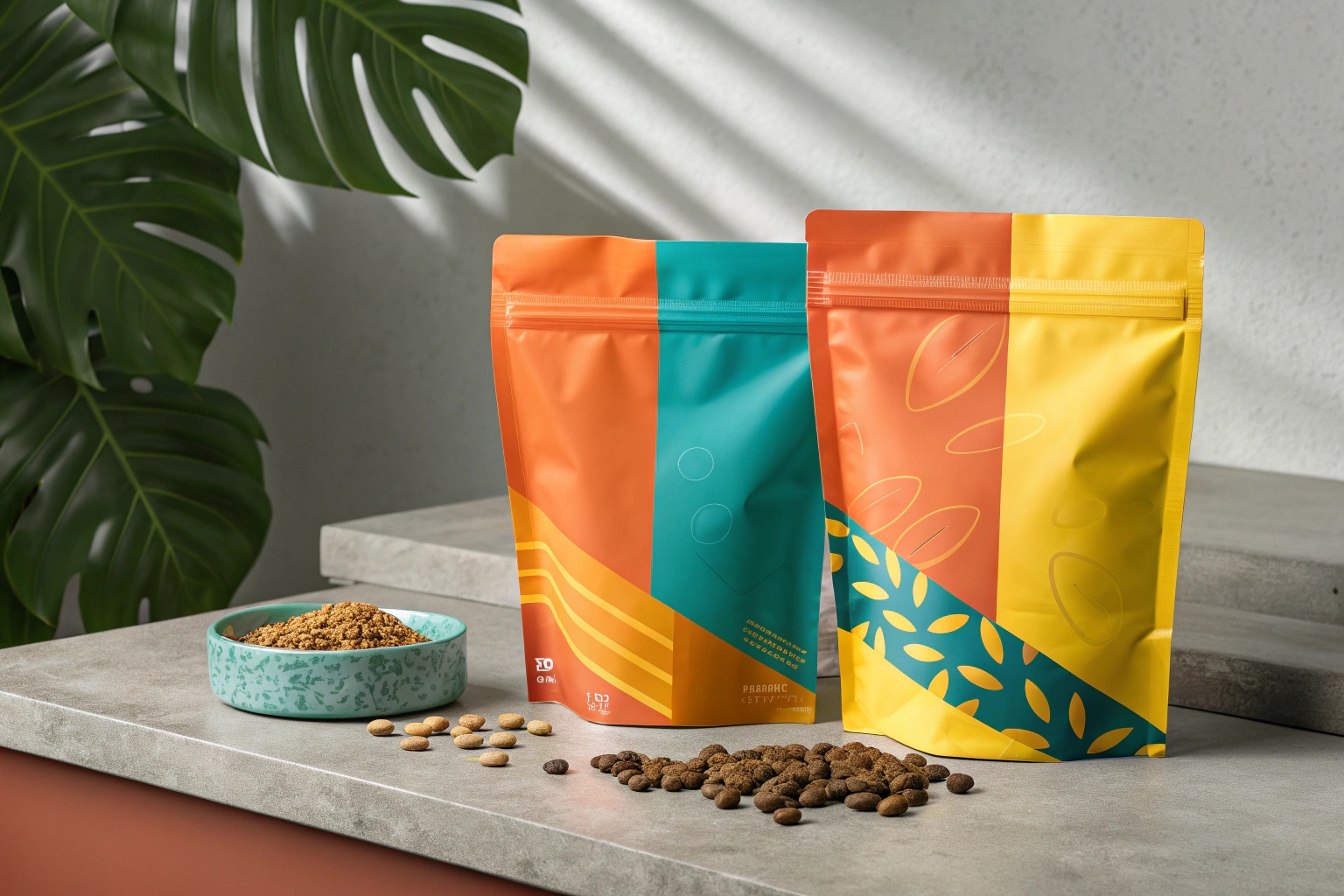 Colorful stand-up pouches with resealable zippers and pet food scattered on stone countertop.