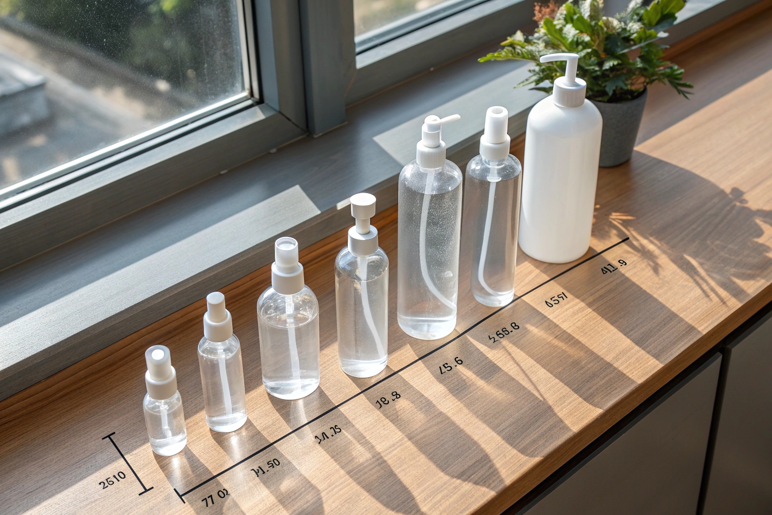 Clear plastic pump and spray bottles in various sizes lined up by window.