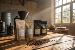 Coffee beans and four stand-up coffee pouches on rustic wooden table in morning sunlight.