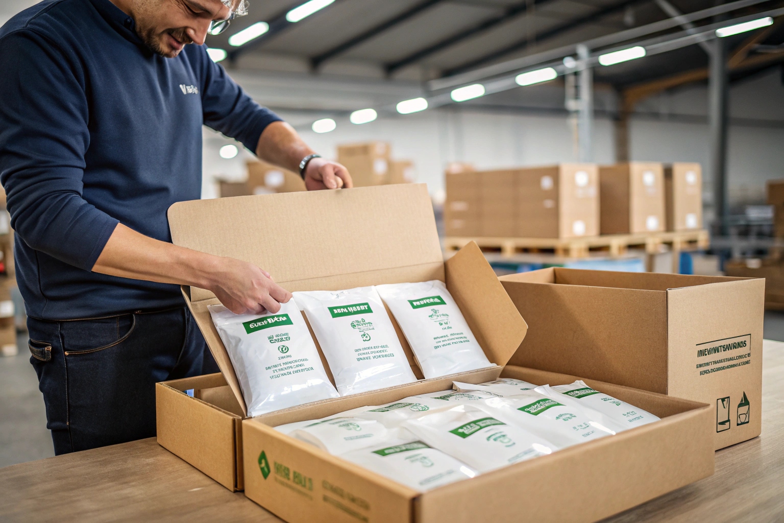 Man inspecting white flexible pouches packed in cardboard shipping box in warehouse