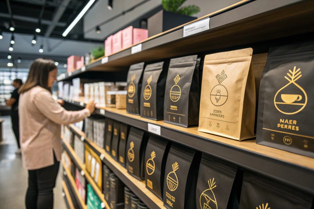 Kraft and black coffee pouches displayed on retail shelf with shopper browsing