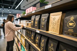 Kraft and black coffee pouches displayed on retail shelf with shopper browsing