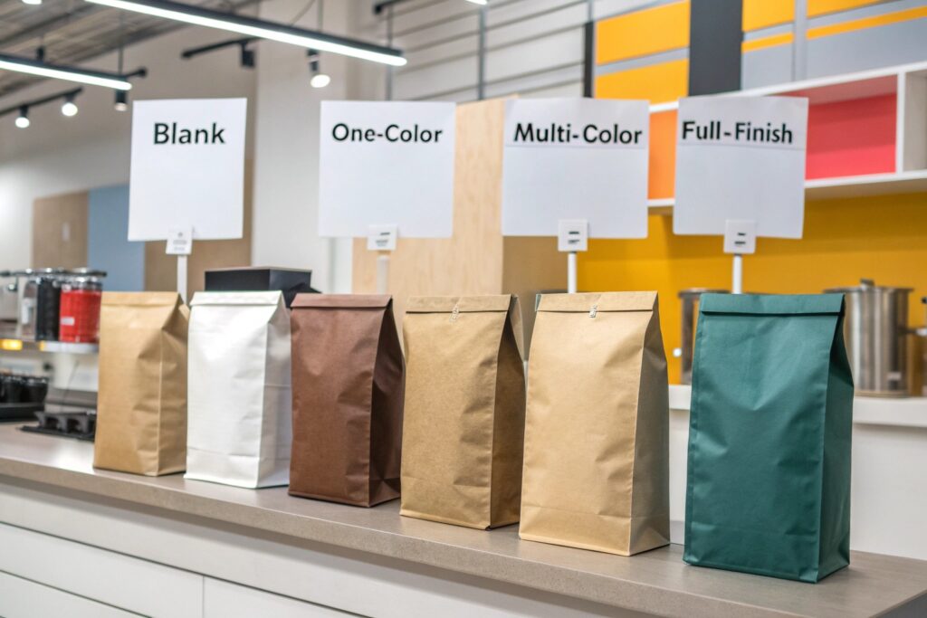 Display of six coffee bags showing different printing options: blank, one-color, multi-color, and full-finish styles.