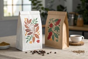 Two eco-friendly coffee pouches with botanical designs on table next to coffee beans.
