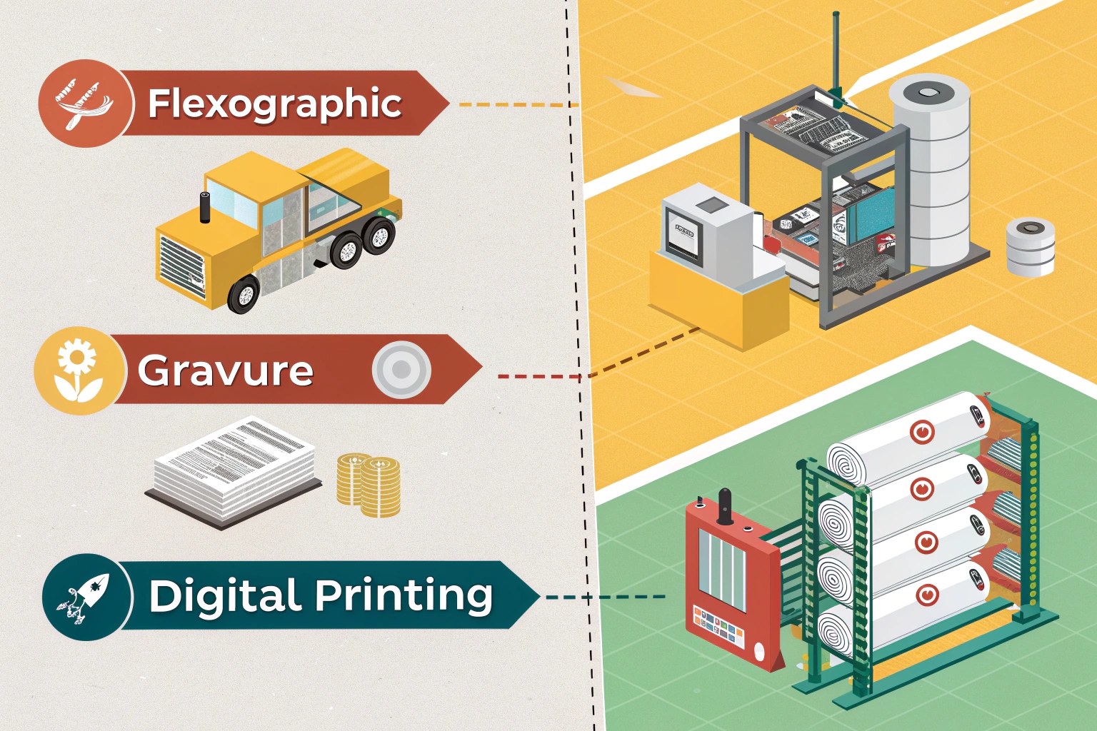 Infographic comparing three printing methods for packaging: flexographic, gravure, and digital printing with icons and equipment.